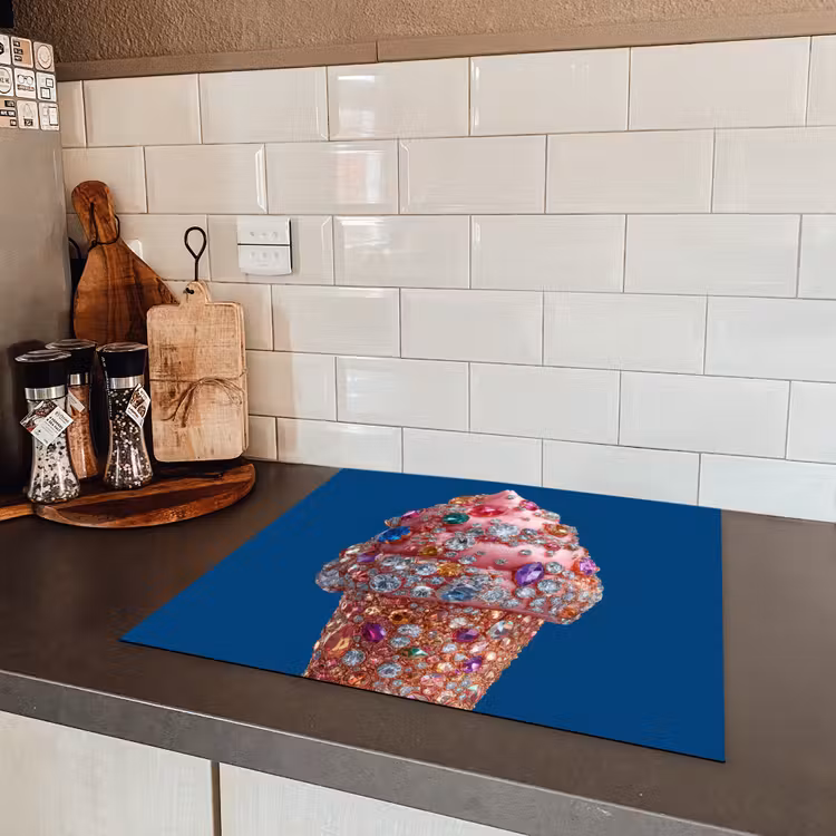 Ijsje - Hoorntje - Steentjes - Blauw Inductie beschermer vinyl 3mm middel -sfeer3