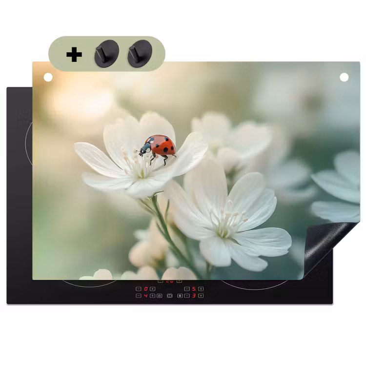 Lieveheersbeestje - Bloemen - Wit Inductie beschemer met haakjes klein -3d