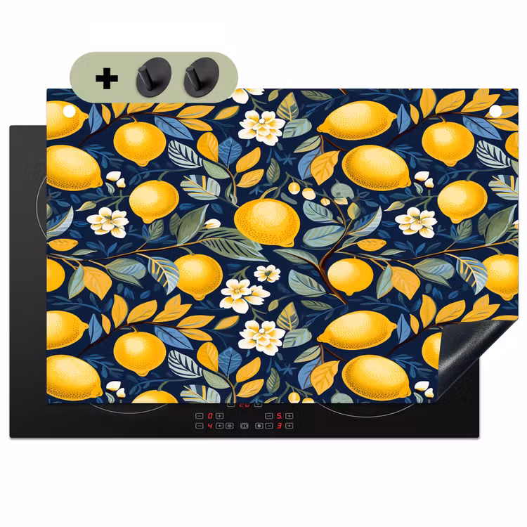 Citroenen - Bloemen - Bladeren - Blauw Inductie beschemer met haakjes klein 777 -3d