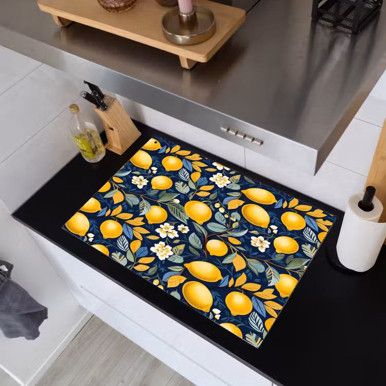 Citroenen - Bloemen - Bladeren - Blauw Inductie beschemer met haakjes klein 777 -sfeer1