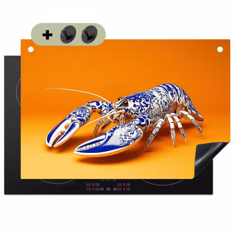 Kreeft - Delftsblauw - Schild - Stoer - Oranje Inductie beschemer met haakjes klein -3d