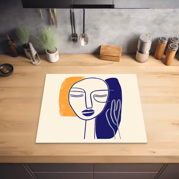 Minimalistisch - Gezicht - Hand - Oranje - Blauw Inductie beschermer vinyl 3mm middel -sfeer5