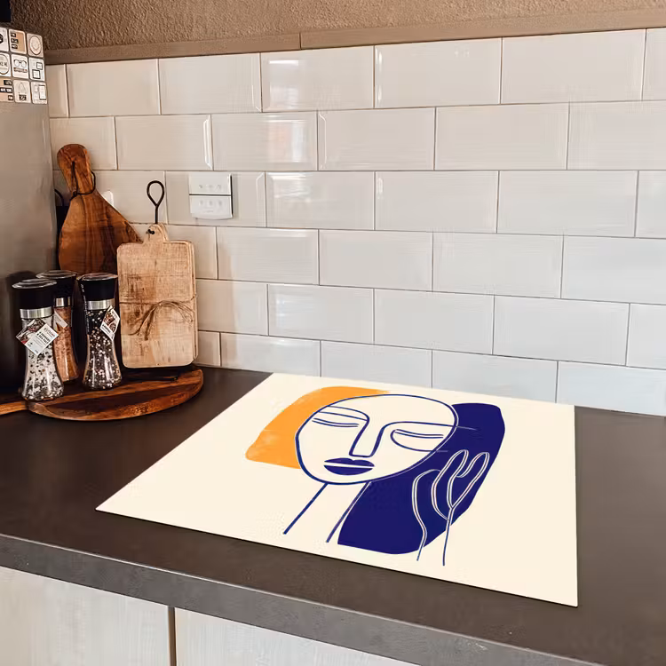 Minimalistisch - Gezicht - Hand - Oranje - Blauw Inductie beschermer vinyl 3mm middel -sfeer3