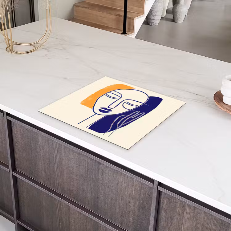 Minimalistisch - Gezicht - Hand - Oranje - Blauw Inductie beschermer vinyl 3mm middel -sfeer8