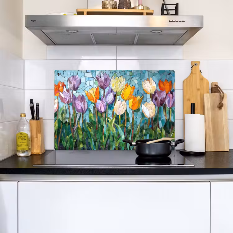 Mozaïek - Veld - Tulpen - Kleurrijk Inductie beschemer met haakjes klein -sfeer2