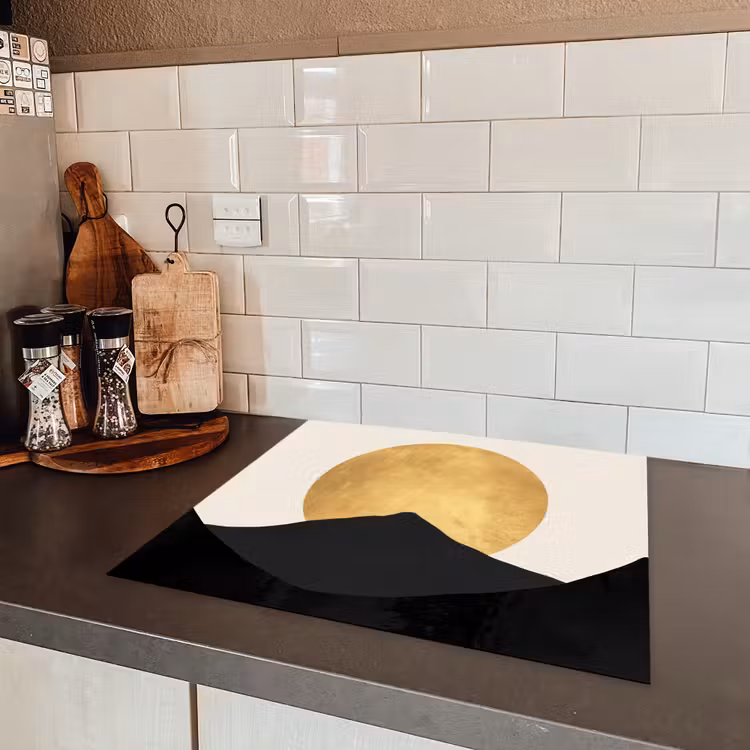 Bergsilhouetten - Gouden cirkel - Beige Inductie beschermer vinyl 3mm middel -sfeer3