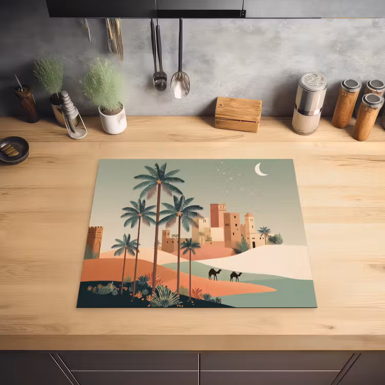 Nachtlandschap - Kamelen - Sterren - zandduinden Inductie beschermer vinyl 3mm middel -sfeer5