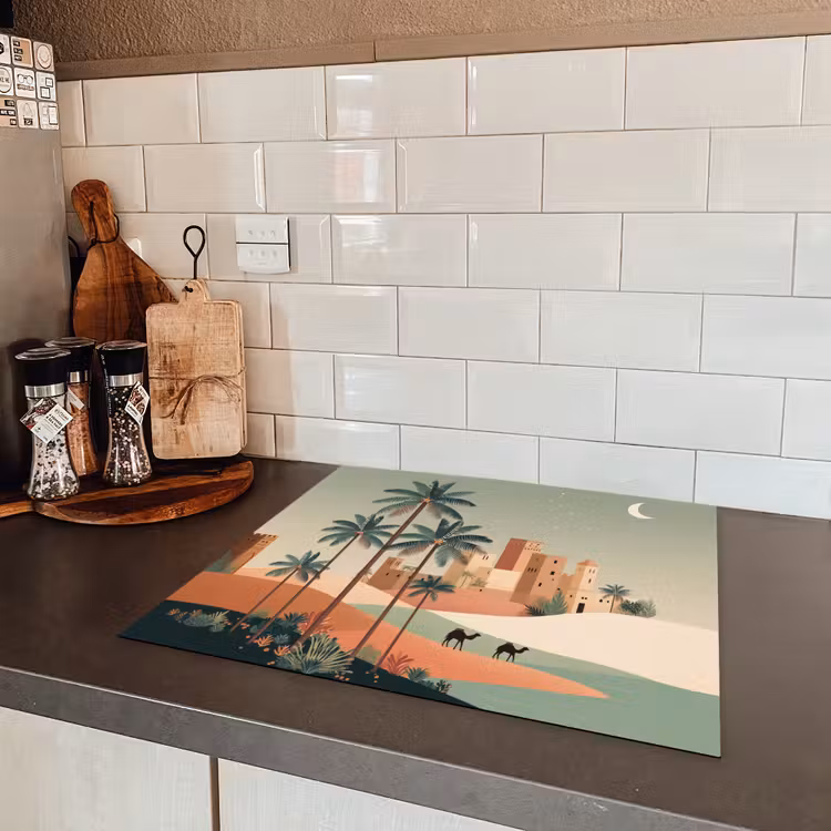 Nachtlandschap - Kamelen - Sterren - zandduinden Inductie beschermer vinyl 3mm middel -sfeer3