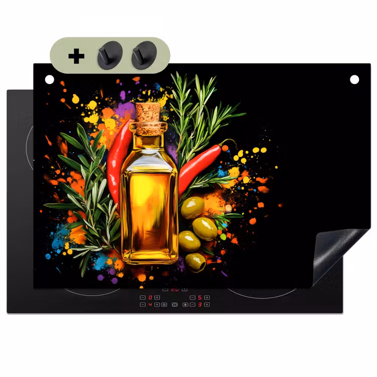Olijfolie - Graffiti - Peper - Olijven - Modern Inductie beschemer met haakjes klein -3d