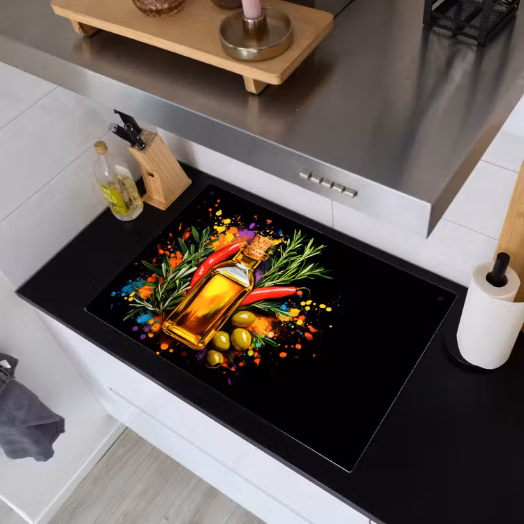 Olijfolie - Graffiti - Peper - Olijven - Modern Inductie beschemer met haakjes klein -sfeer1