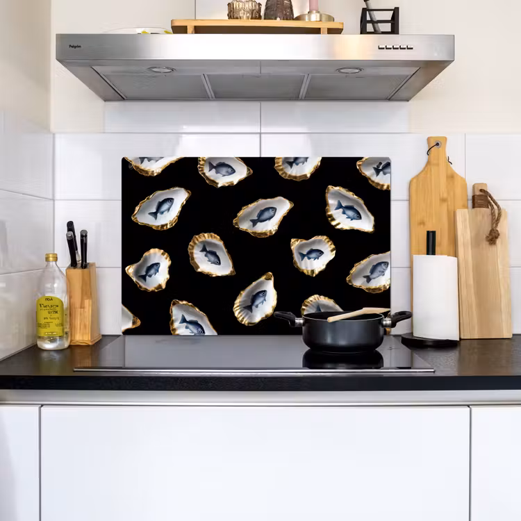 Oesters - Vissen - Blauw - Goud Inductie beschemer met haakjes klein -sfeer2