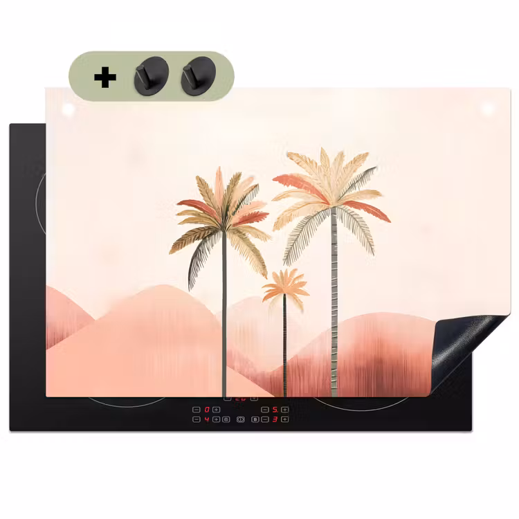 Palmbomen - Heuvels - Minimalistisch - Zachtroze Inductie beschemer met haakjes klein -3d