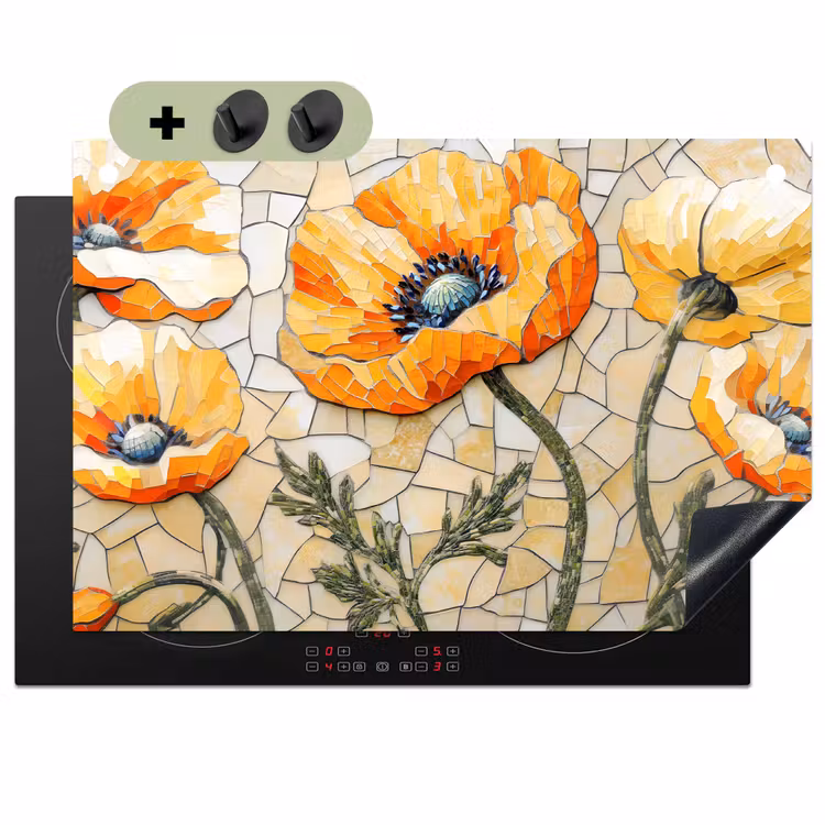 Klaprozen - Oranje - Mozaïek - Bladeren Inductie beschemer met haakjes klein -3d