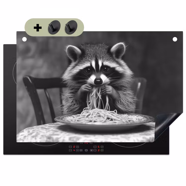 Wasbeer - Cute - Pasta - Tafelkleed - Zwart - Wit Inductie beschemer met haakjes klein -3d