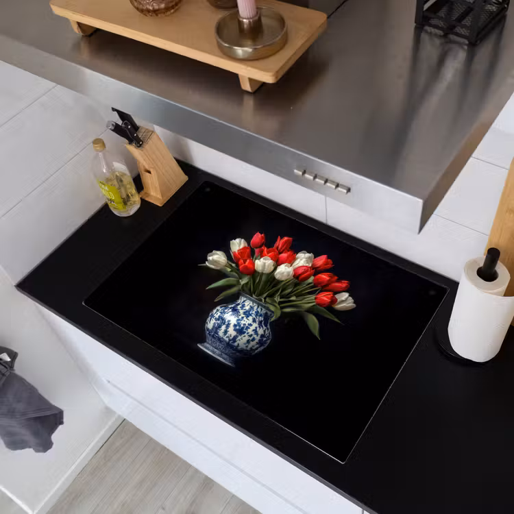 Rode - Bloemen - Tulpen - Vaas Inductie beschemer met haakjes klein -sfeer1