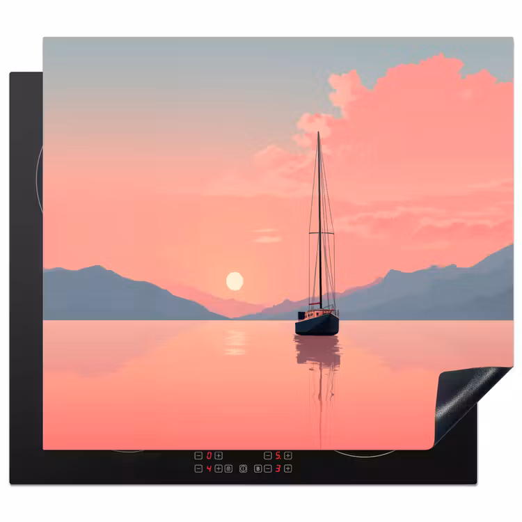 Zeilboot - Roze zee - Zonsondergang - Bergen Inductie beschermer vinyl 3mm middel -3d