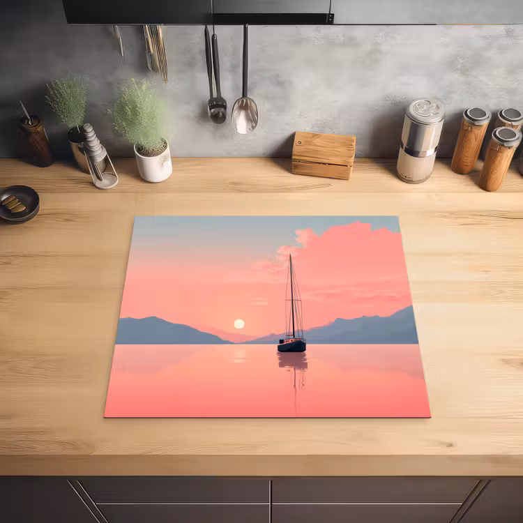 Zeilboot - Roze zee - Zonsondergang - Bergen Inductie beschermer vinyl 3mm middel -sfeer5