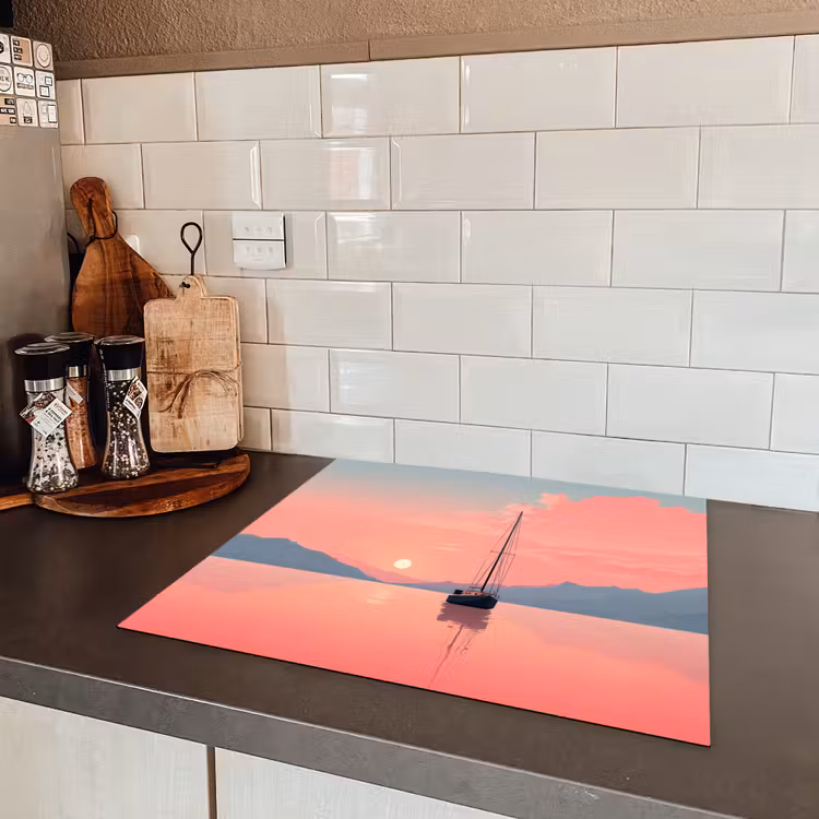Zeilboot - Roze zee - Zonsondergang - Bergen Inductie beschermer vinyl 3mm middel -sfeer3
