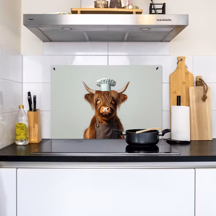 Schotse Hooglander - Bruin - Hoorns - Kokskleding Inductie beschemer met haakjes klein -sfeer2