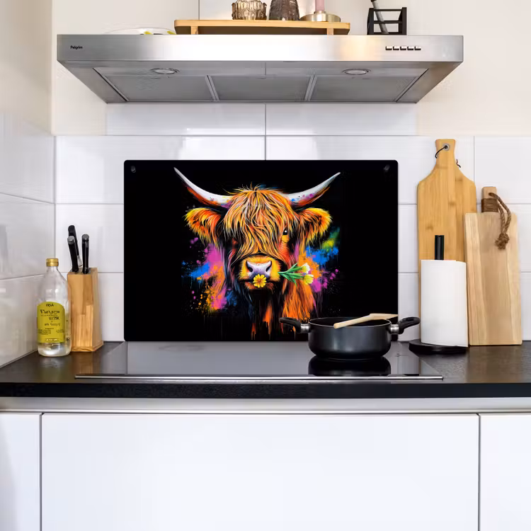 Schotse Hooglander - Graffiti - Kleurrijk - Bloem - Dieren Inductie beschemer met haakjes klein -sfeer2