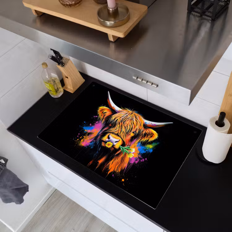 Schotse Hooglander - Graffiti - Kleurrijk - Bloem - Dieren Inductie beschemer met haakjes klein -sfeer1
