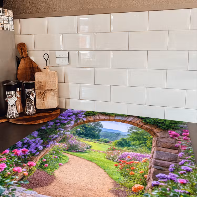 Doorkijk - Poort - Bloemen - Tuin Inductie beschermer vinyl 3mm middel -sfeer3