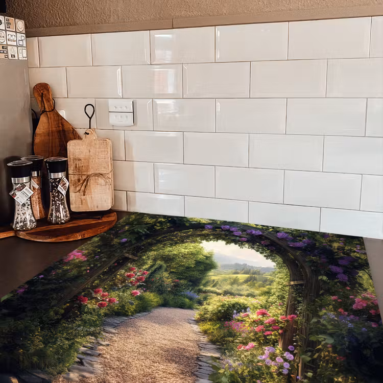Doorkijk - Landschap - Bloemen - Tuinboog - Natuur Inductie beschermer vinyl 3mm middel -sfeer3
