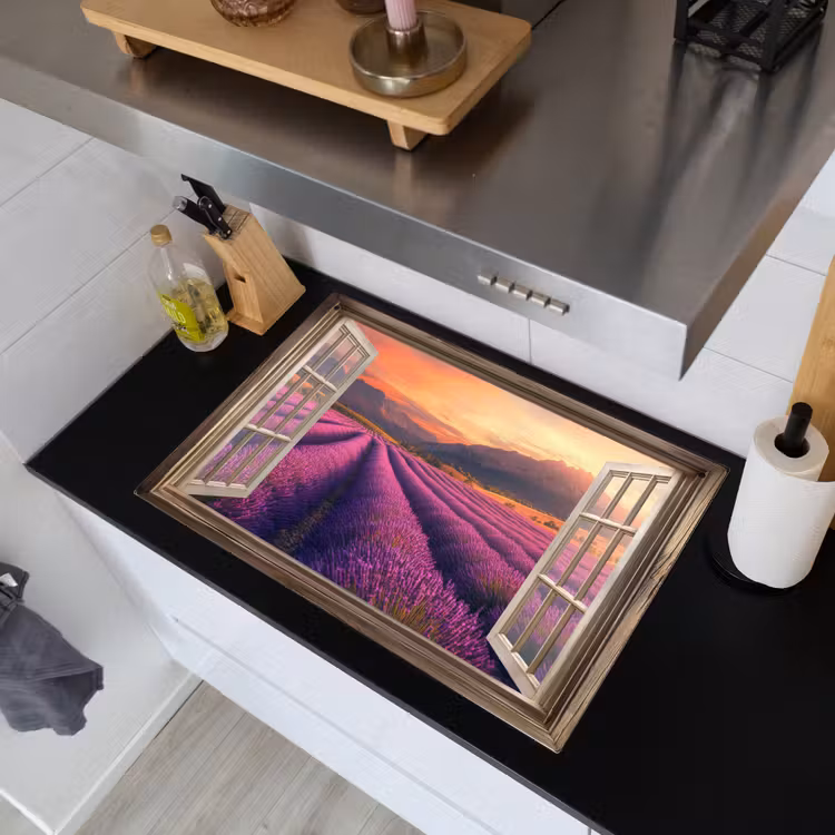 Doorkijk - Lavendel - Landschap - Bloemen - Paars Inductie beschemer met haakjes klein -sfeer1