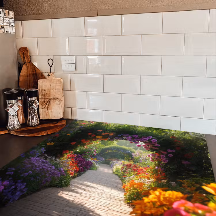 Doorkijk - Pad - Bloemen - Struik - Kleurrijk Inductie beschermer vinyl 3mm middel -sfeer3