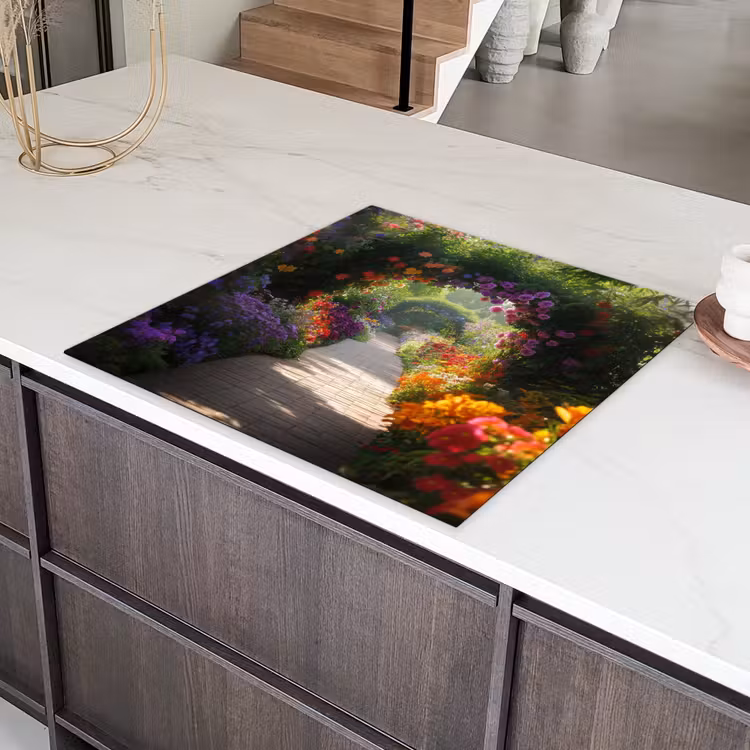 Doorkijk - Pad - Bloemen - Struik - Kleurrijk Inductie beschermer vinyl 3mm middel -sfeer8