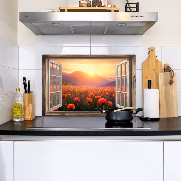 Doorkijk - Klaprozen - Bloemen - Rood - Open raam Inductie beschemer met haakjes klein -sfeer2