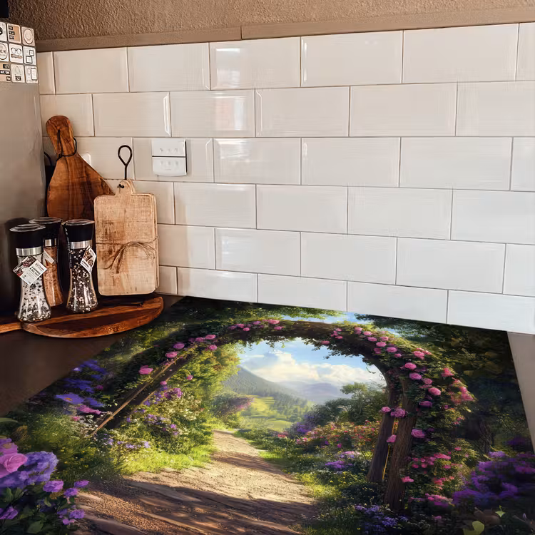 Doorkijk - Rozenboog - Uitzicht - Landschap - Bloemen Inductie beschermer vinyl 3mm middel -sfeer3