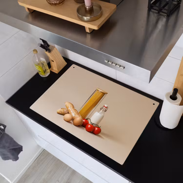 Spaghetti - Melk - Tomaten - Eieren - Brood Inductie beschemer met haakjes klein -sfeer1