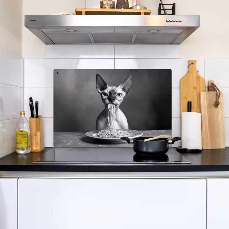 Sphynx - Kat - Dieren - Humor - Spaghetti - Zwart Wit Inductie beschemer met haakjes klein -sfeer2