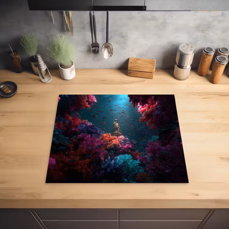 Standbeeld - Zeebodem - Koraal - Kleurrijk Inductie beschermer vinyl 3mm middel -sfeer5