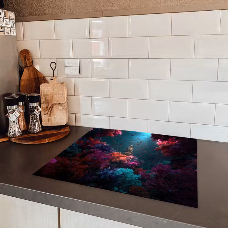 Standbeeld - Zeebodem - Koraal - Kleurrijk Inductie beschermer vinyl 3mm middel -sfeer3