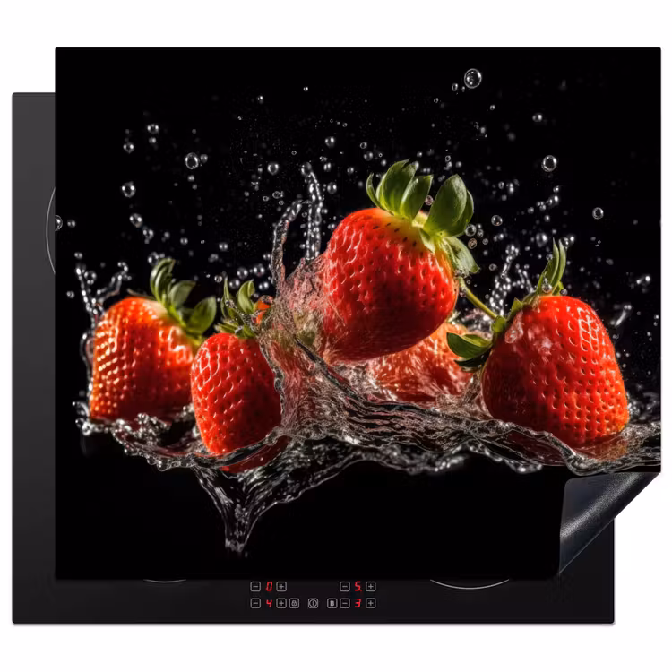 Aardbeien - Fruit - Rood - Water - Zwart Inductie beschermer vinyl 3mm middel -3d