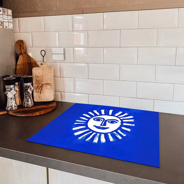 Zon - Gezicht - Penseelstructuur - Blauw Inductie beschermer vinyl 3mm middel -sfeer3