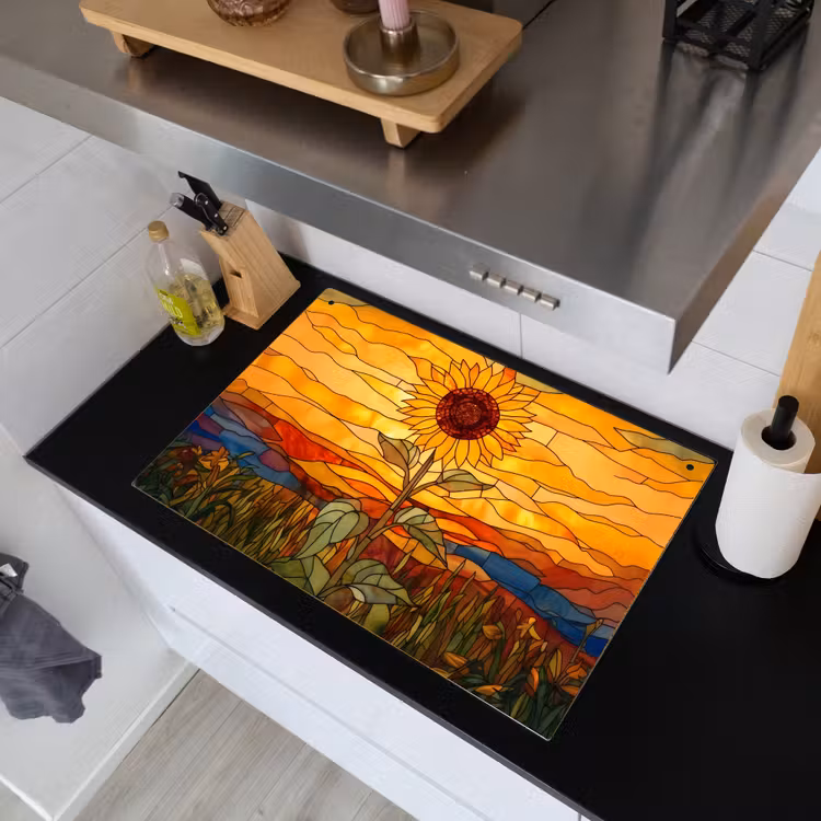 Zonnebloem - Mozaïek - Zonsondergang - Geel Inductie beschemer met haakjes klein -sfeer1
