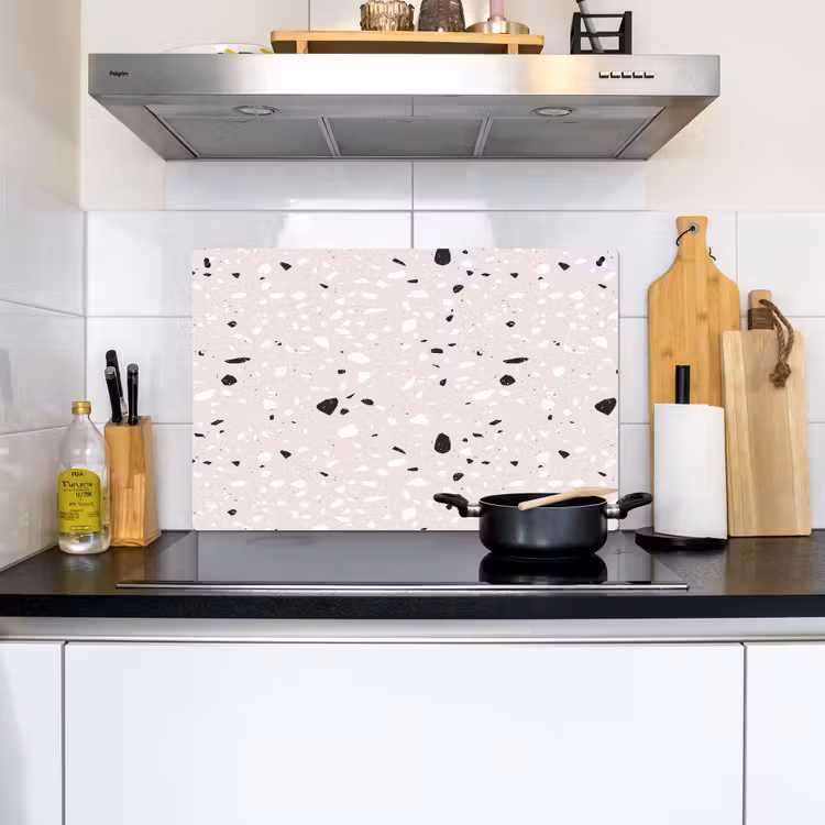 Terrazzo - Patroon - Zacht - Zwart - Wit Inductie beschemer met haakjes klein 777 -sfeer2