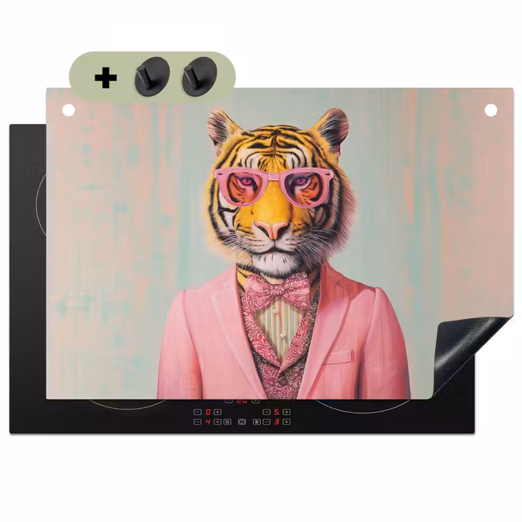 Tijger - Strik - Jasje - Roze Inductie beschemer met haakjes klein -3d
