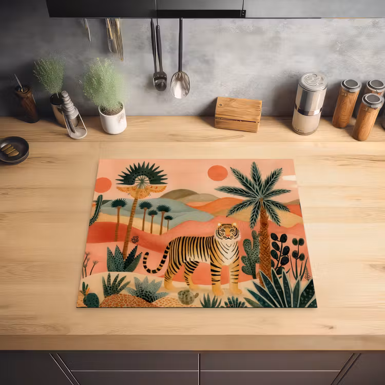 Tijger - Kleurrijk - Palmen - Cactus Inductie beschermer vinyl 3mm middel -sfeer5