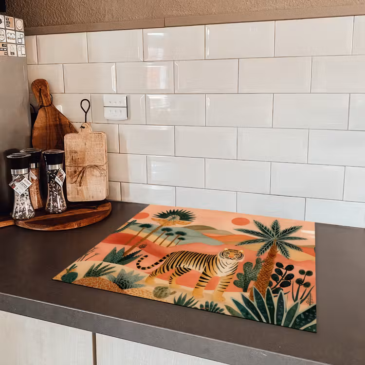Tijger - Kleurrijk - Palmen - Cactus Inductie beschermer vinyl 3mm middel -sfeer3