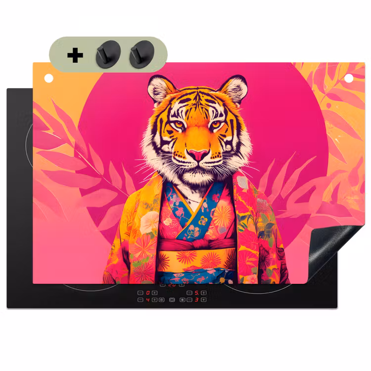 Tijger - Kimono - Planten - Roze Inductie beschemer met haakjes klein -3d