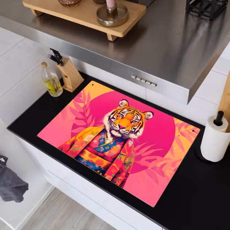 Tijger - Kimono - Planten - Roze Inductie beschemer met haakjes klein -sfeer1