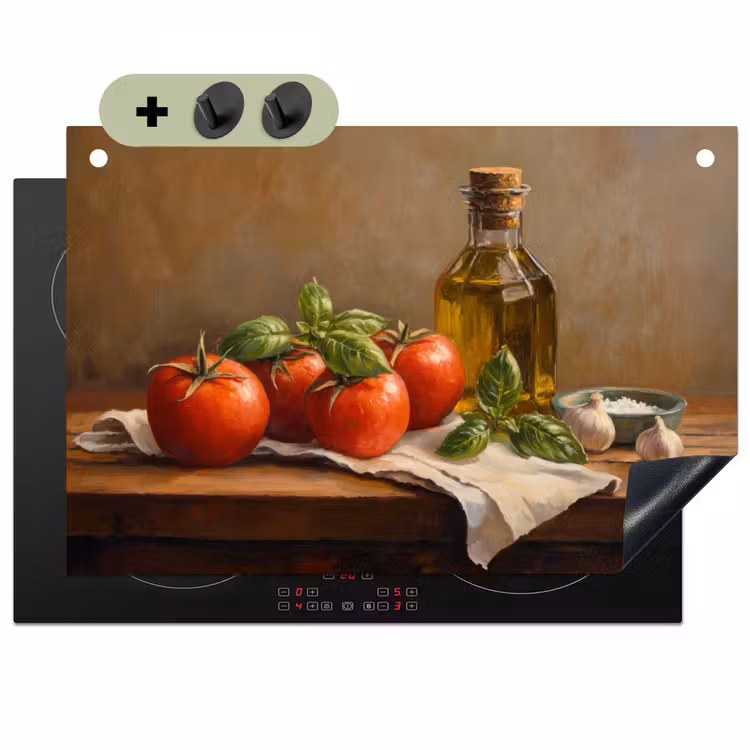 Tomaten - Olijfolie - Stilleven Inductie beschemer met haakjes klein -3d