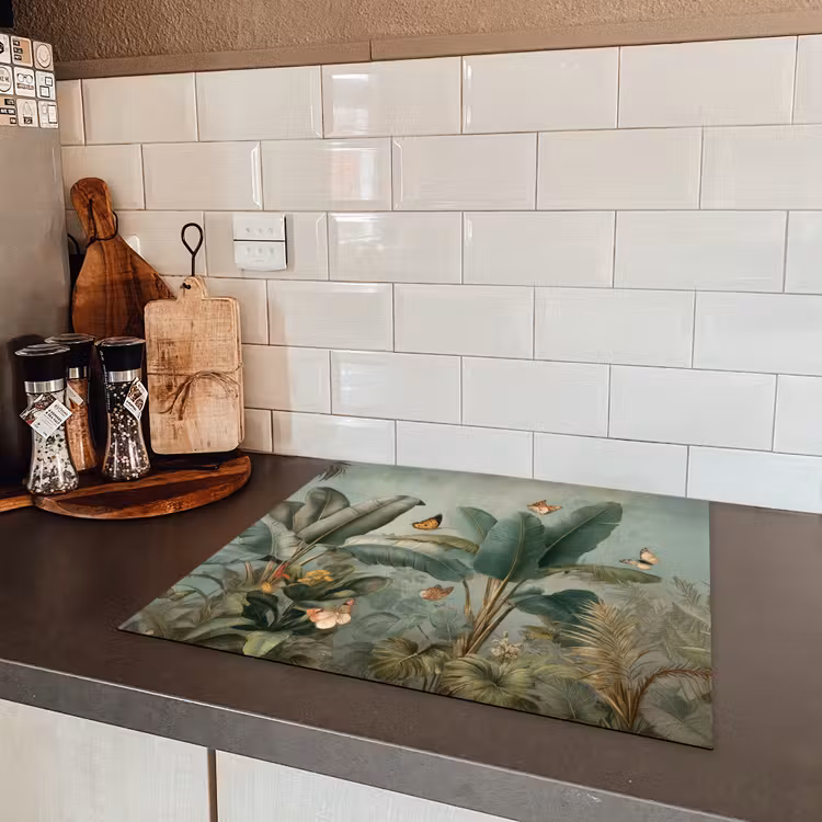 Tropisch bladerdek - Vlinders - groen - Bruin Inductie beschermer vinyl 3mm middel -sfeer3