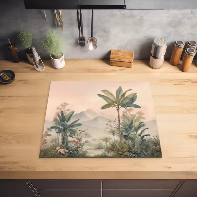 Tropisch landschap - palmbomen - Bloemen - Roze lucht Inductie beschermer vinyl 3mm middel -sfeer5