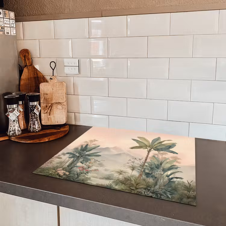 Tropisch landschap - palmbomen - Bloemen - Roze lucht Inductie beschermer vinyl 3mm middel -sfeer3