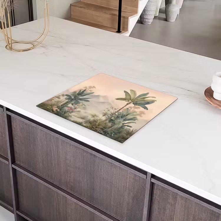 Tropisch landschap - palmbomen - Bloemen - Roze lucht Inductie beschermer vinyl 3mm middel -sfeer8